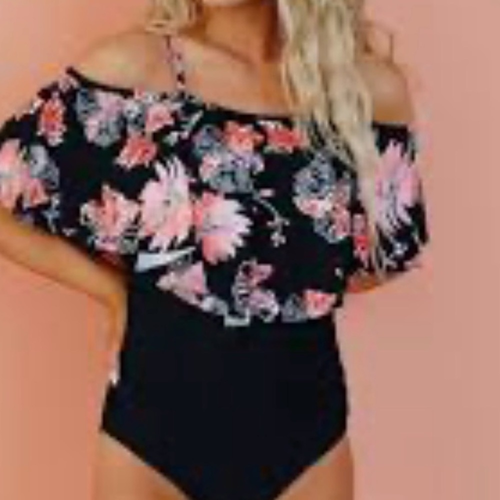 Black Floral Off-Shoulder One-Piece Swimsuit XL EUC - Picture 5 of 9